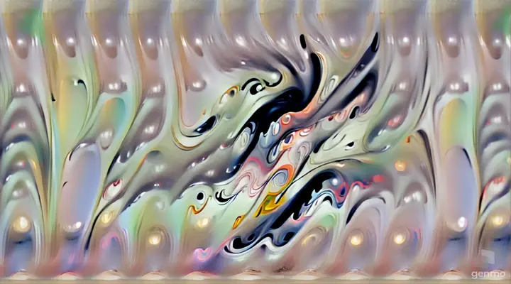 A captivating conceptual art piece featuring a minimalist gallery space. The main focus of the image is a monochrome fluid that flows from a painting on the wall, gradually transitioning into a vibrant, colorful stream as it reaches the floor. The fluid's journey through the gallery space is reminiscent of a river, symbolizing the flow of creativity and the birth of color from the black and white realm. The overall atmosphere of the image is serene and thought-provoking, inviting viewers to ponder the essence of art and the power of color., conceptual art, painting, 3d render, cinematic, vibrant, textures acrylic oil paint