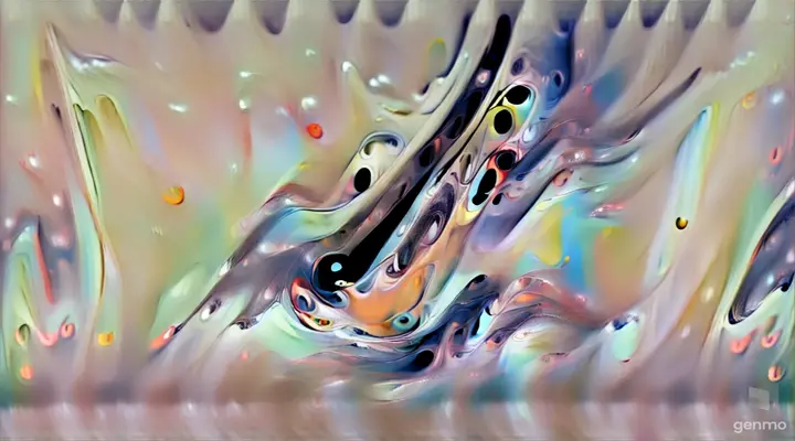 A captivating conceptual art piece featuring a minimalist gallery space. The main focus of the image is a monochrome fluid that flows from a painting on the wall, gradually transitioning into a vibrant, colorful stream as it reaches the floor. The fluid's journey through the gallery space is reminiscent of a river, symbolizing the flow of creativity and the birth of color from the black and white realm. The overall atmosphere of the image is serene and thought-provoking, inviting viewers to ponder the essence of art and the power of color., conceptual art, painting, 3d render, cinematic, vibrant, textures acrylic oil paint