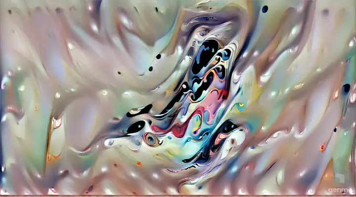 A captivating conceptual art piece featuring a minimalist gallery space. The main focus of the image is a monochrome fluid that flows from a painting on the wall, gradually transitioning into a vibrant, colorful stream as it reaches the floor. The fluid's journey through the gallery space is reminiscent of a river, symbolizing the flow of creativity and the birth of color from the black and white realm. The overall atmosphere of the image is serene and thought-provoking, inviting viewers to ponder the essence of art and the power of color., conceptual art, painting, 3d render, cinematic, vibrant, textures acrylic oil paint