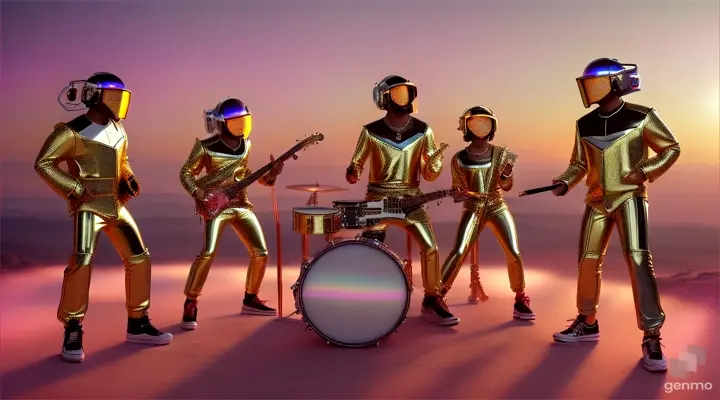 drummer in extremly huge 90s hip hop outfit. Iridescent, silveroutfits. performing as a band on mars. they are wearing sneakers and monkey face. a drummer. a  gitarist and one lead singer. sunset