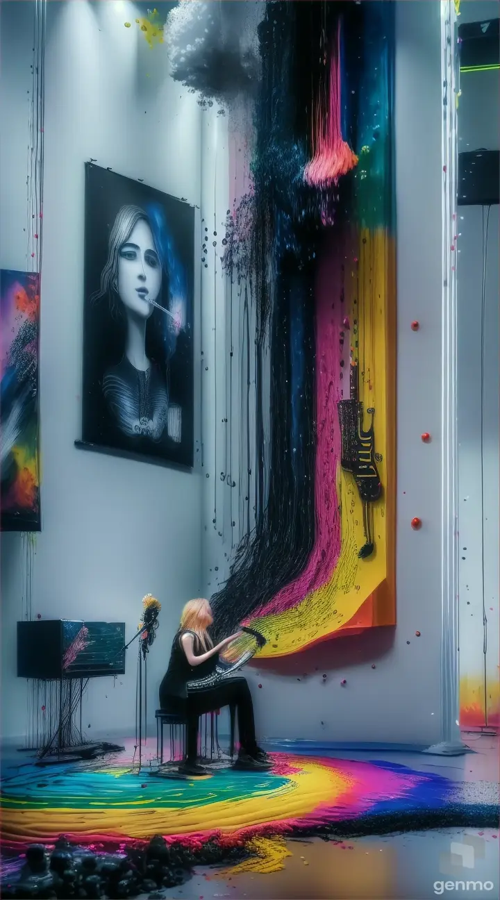 An art poster for a music festival with music notes coming out of her mouth, a microphone, synthesizer, a trumpet, a guitar, a drum-set, all the bands instruments and speakers are showed exploding out the paint, instruments & music coming from the acrylic paint, HD 32K masterpiece