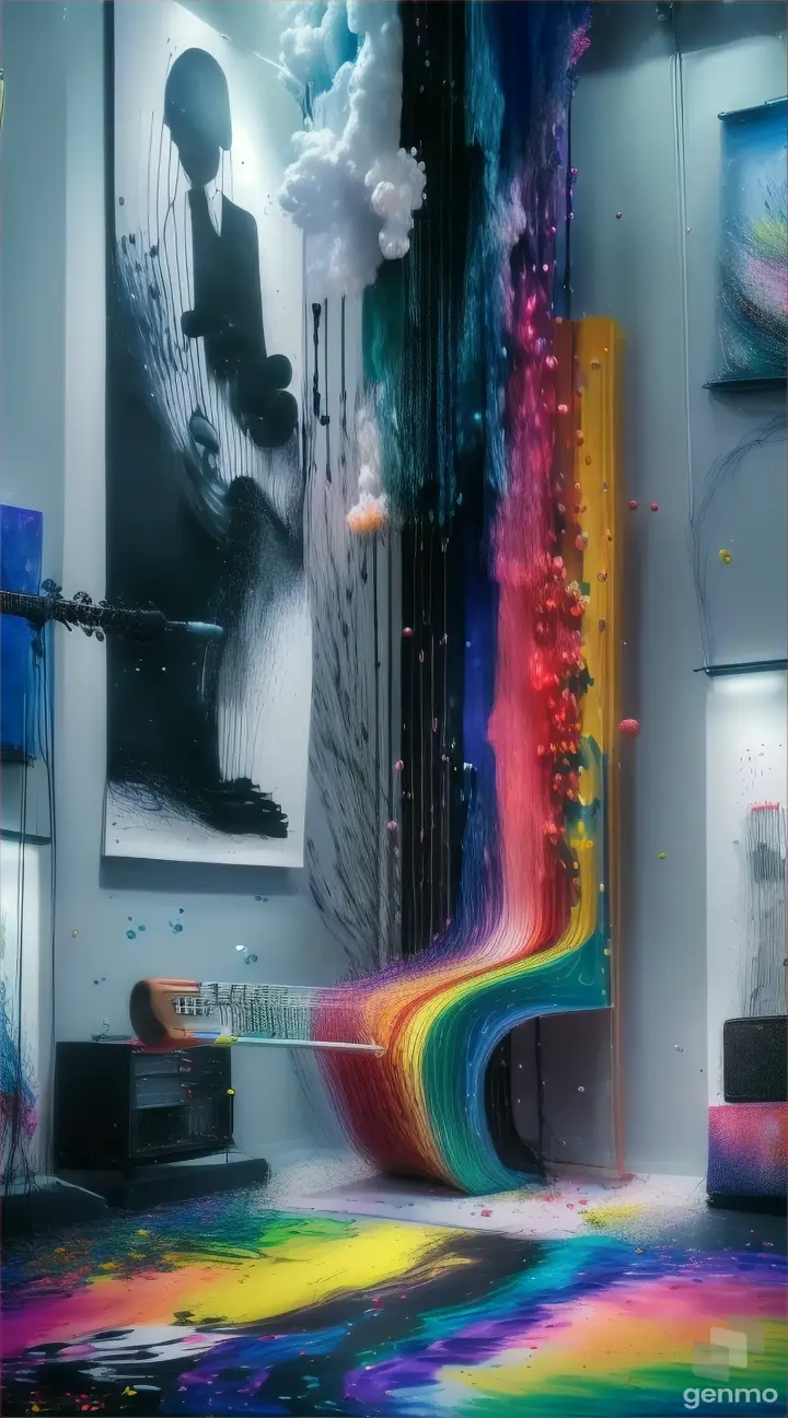 An art poster for a music festival with music notes coming out of her mouth, a microphone, synthesizer, a trumpet, a guitar, a drum-set, all the bands instruments and speakers are showed exploding out the paint, instruments & music coming from the acrylic paint, HD 32K masterpiece