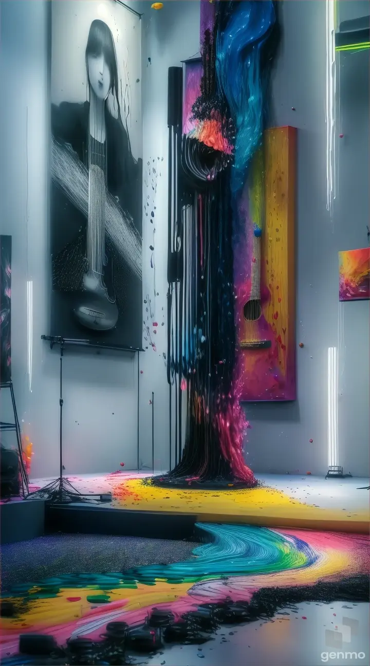 An art poster for a music festival with music notes coming out of her mouth, a microphone, synthesizer, a trumpet, a guitar, a drum-set, all the bands instruments and speakers are showed exploding out the paint, instruments & music coming from the acrylic paint, HD 32K masterpiece