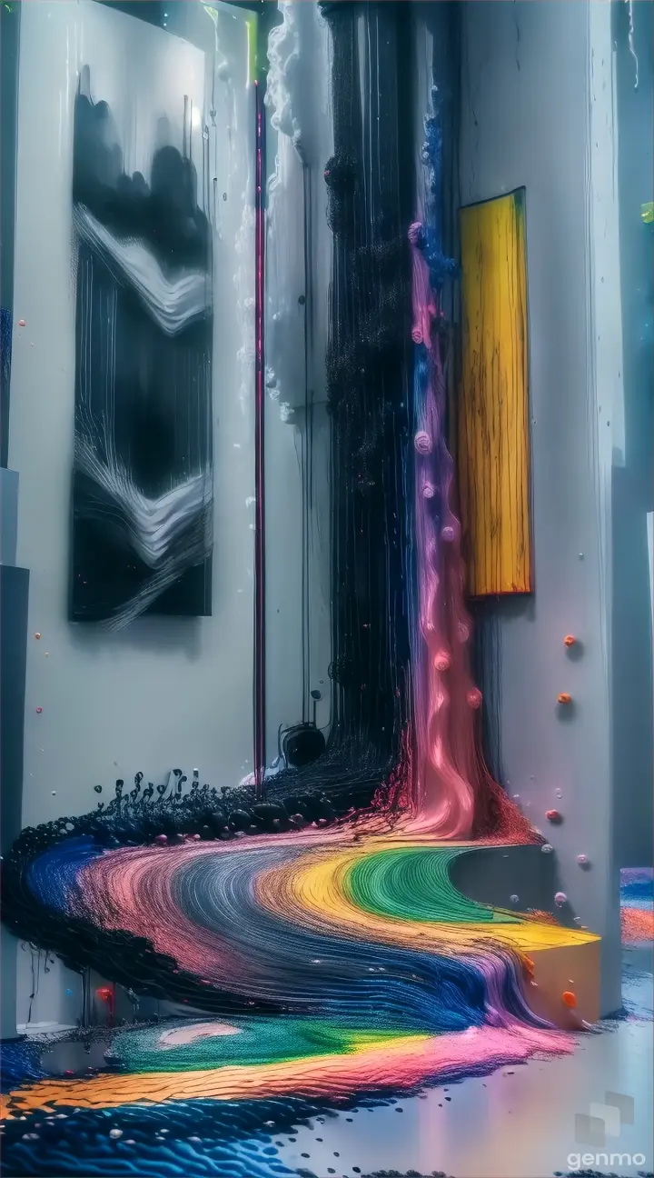 An art poster for a music festival with music notes coming out of her mouth, a microphone, synthesizer, a trumpet, a guitar, a drum-set, all the bands instruments and speakers are showed exploding out the paint, instruments & music coming from the acrylic paint, HD 32K masterpiece