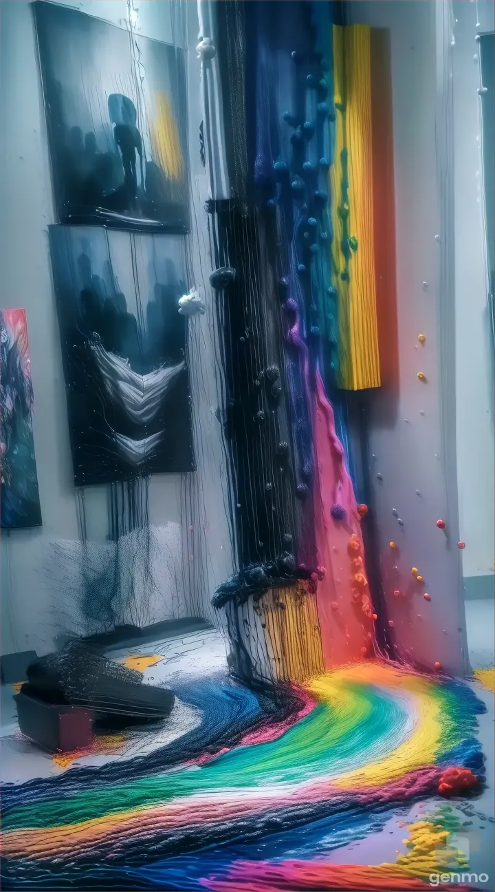 An art poster for a music festival with music notes coming out of her mouth, a microphone, synthesizer, a trumpet, a guitar, a drum-set, all the bands instruments and speakers are showed exploding out the paint, instruments & music coming from the acrylic paint, HD 32K masterpiece