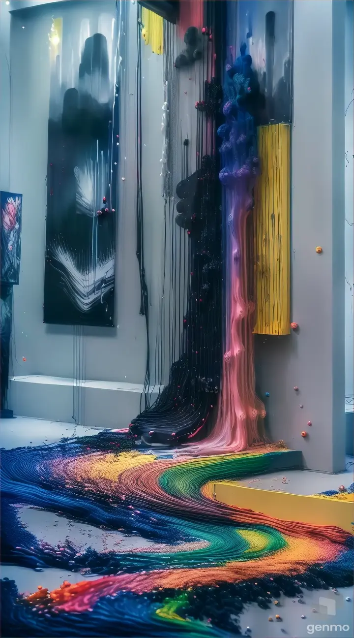 An art poster for a music festival with music notes coming out of her mouth, a microphone, synthesizer, a trumpet, a guitar, a drum-set, all the bands instruments and speakers are showed exploding out the paint, instruments & music coming from the acrylic paint, HD 32K masterpiece