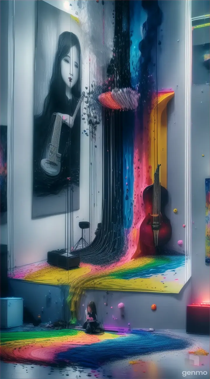 An art poster for a music festival with music notes coming out of her mouth, a microphone, synthesizer, a trumpet, a guitar, a drum-set, all the bands instruments and speakers are showed exploding out the paint, instruments & music coming from the acrylic paint, HD 32K masterpiece