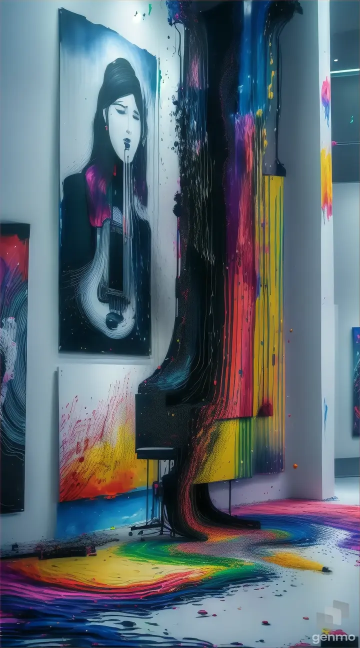 An art poster for a music festival with music notes coming out of her mouth, a microphone, synthesizer, a trumpet, a guitar, a drum-set, all the bands instruments and speakers are showed exploding out the paint, instruments & music coming from the acrylic paint, HD 32K masterpiece