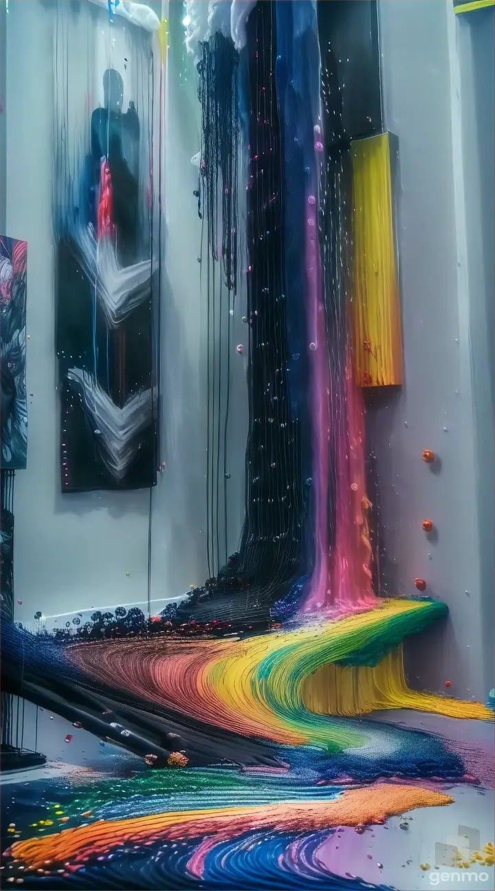 An art poster for a music festival with music notes coming out of her mouth, a microphone, synthesizer, a trumpet, a guitar, a drum-set, all the bands instruments and speakers are showed exploding out the paint, instruments & music coming from the acrylic paint, HD 32K masterpiece