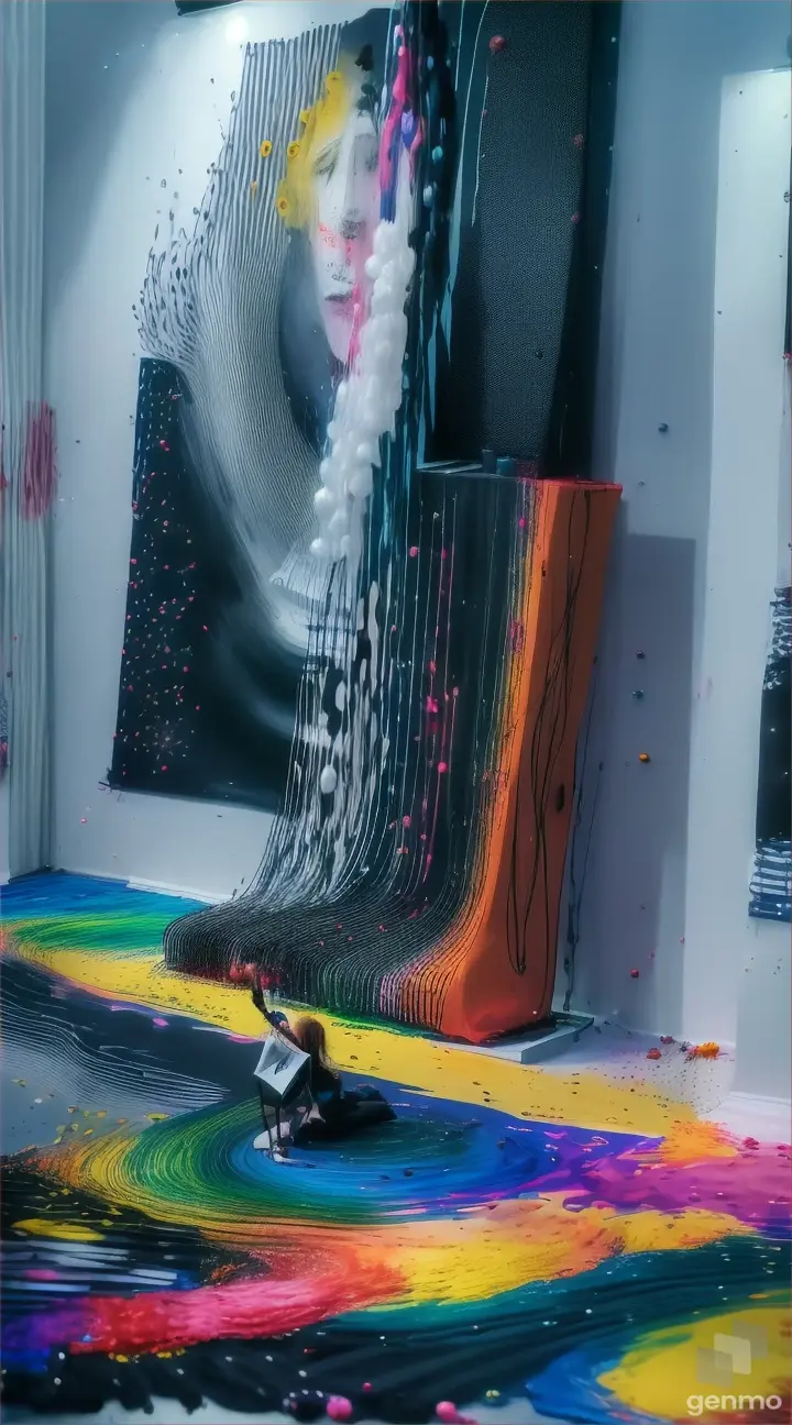 An art poster for a music festival with music notes coming out of her mouth, a microphone, synthesizer, a trumpet, a guitar, a drum-set, all the bands instruments and speakers are showed exploding out the paint, instruments & music coming from the acrylic paint, HD 32K masterpiece