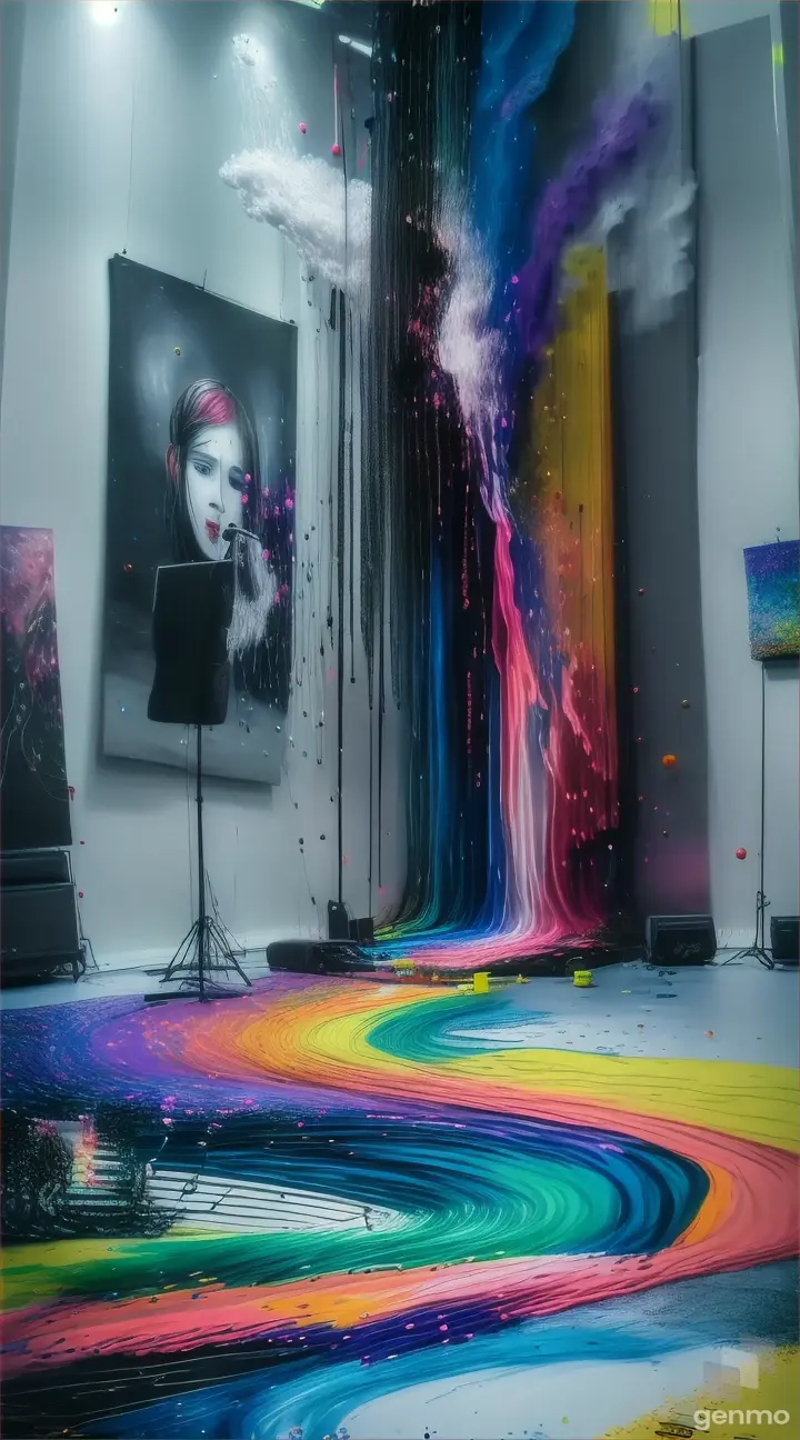 An art poster for a music festival with music notes coming out of her mouth, a microphone, synthesizer, a trumpet, a guitar, a drum-set, all the bands instruments and speakers are showed exploding out the paint, instruments & music coming from the acrylic paint, HD 32K masterpiece