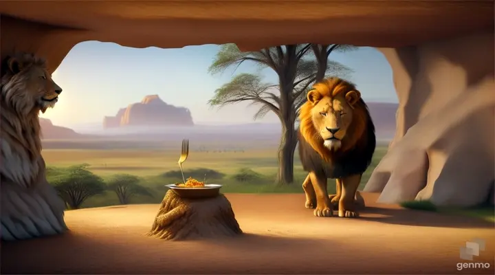 "Create an image of the lion inviting the bear to his den for dinner."
