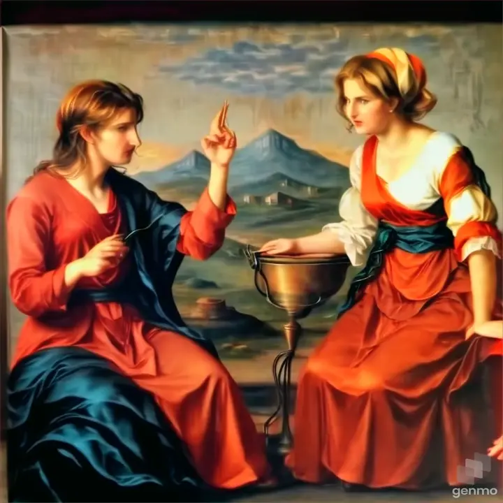 a painting of two women sitting next to each other