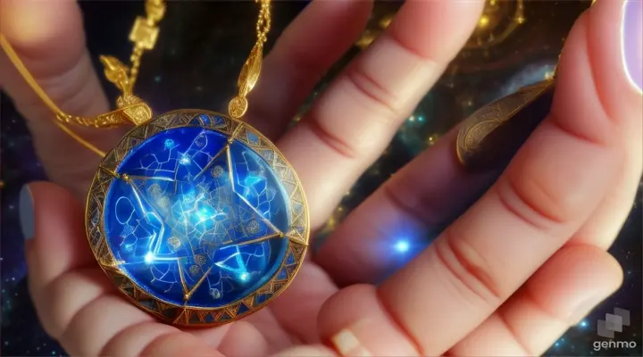 Close-up view of Moasynkh, the magical amulet, in Alexander Petrov's hand, gleaming brightly blue, suggesting control over powerful and mysterious forces