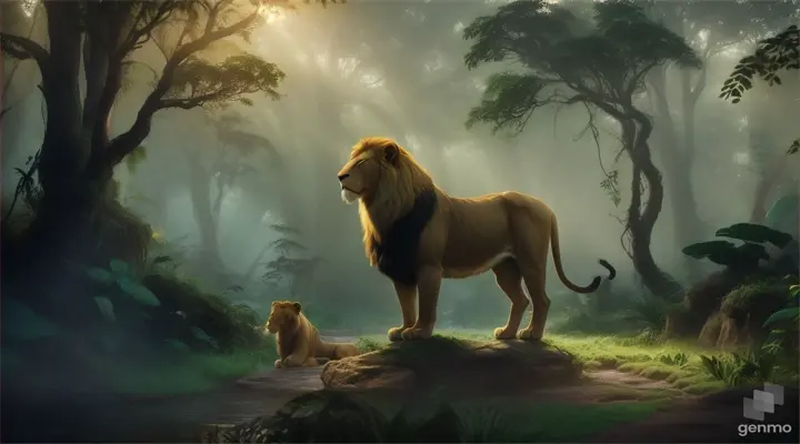 A scene in the jungle. The brave companion and the lion stand together, protecting each other.