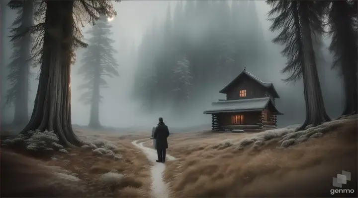 Shantai and an SVR Agent standing outside an isolated mountain cabin, surrounded by mist and ethereal, otherworldly trees