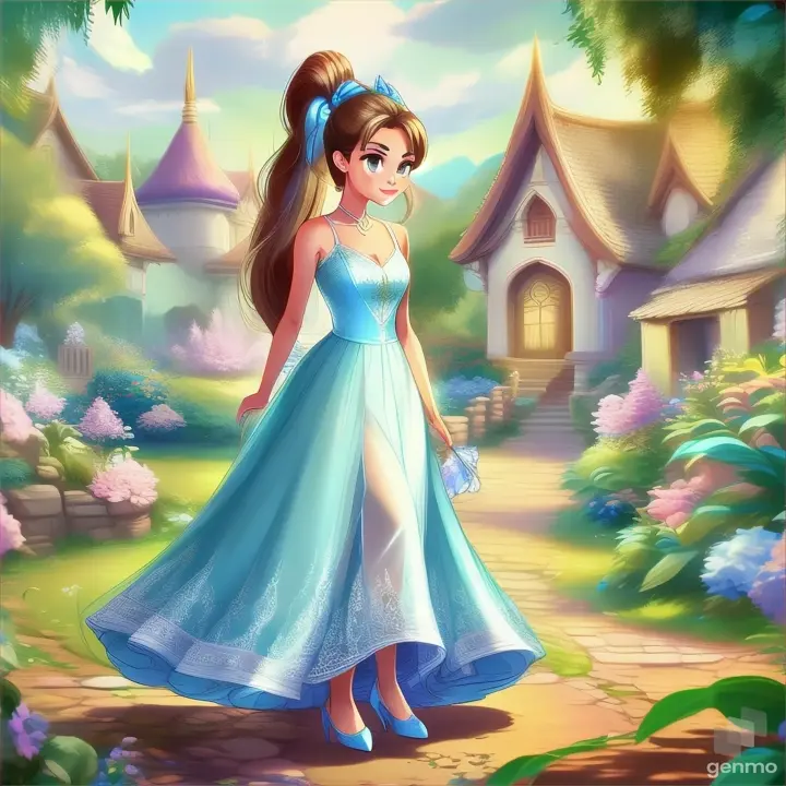 a  beautiful fairy wearing light blue designer long dress sleek pony tail sadly walking  animation cartoon  iindian style in a garden zoom out 