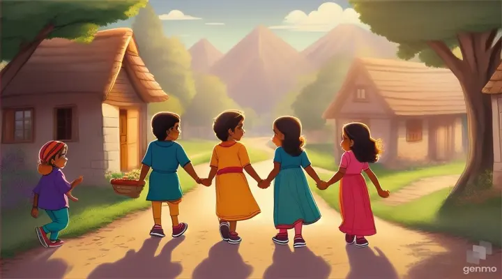 There were four cartoon character children walking in a small village - Raj, Rita, Sona, and Arjun. These four children were not only companions but also good friends. One day, they decided together to go on an adventure together.