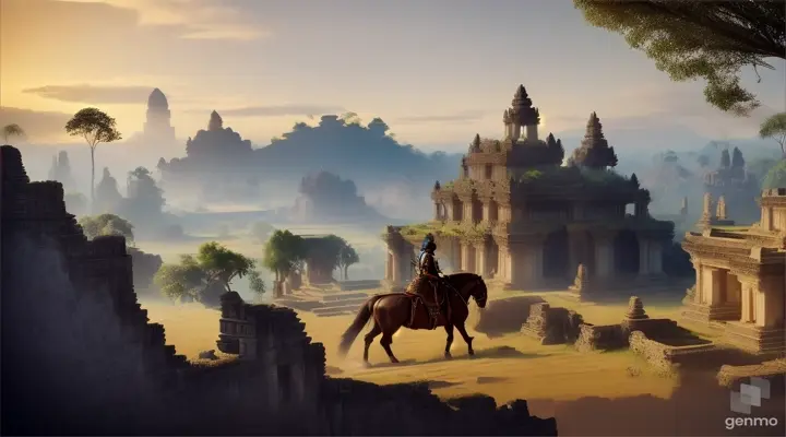 A journey through exotic terrain with a warrior on horseback, the ruins of the Majapahit Empire visible in the distant background