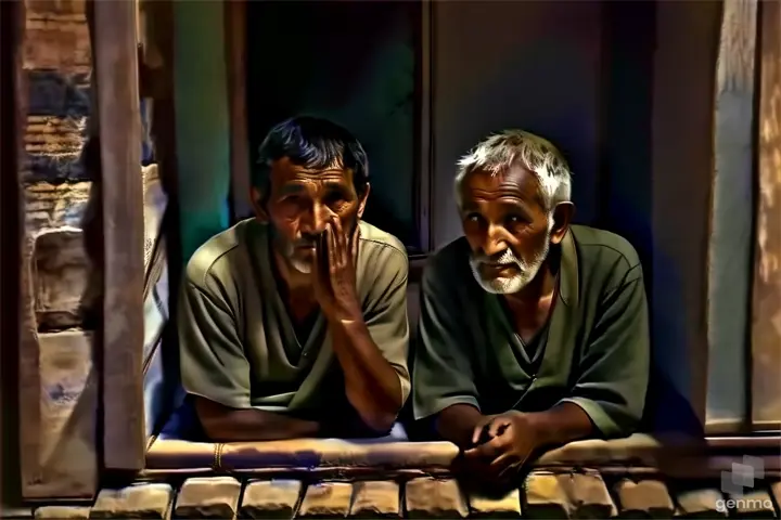 a couple of men sitting in a window sill