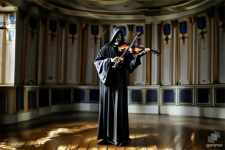 a man in a black robe playing a violin