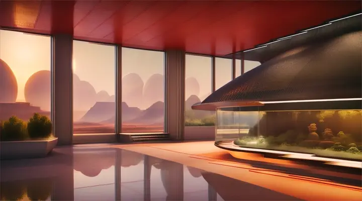 a photo-realistic glass architecture inside on Red planet Mars, people to live, as scientific as possible, address the exterior of the architecture on Mars land, inside has plants, hydroponic farms, through the glasses, it can see the habitats, 