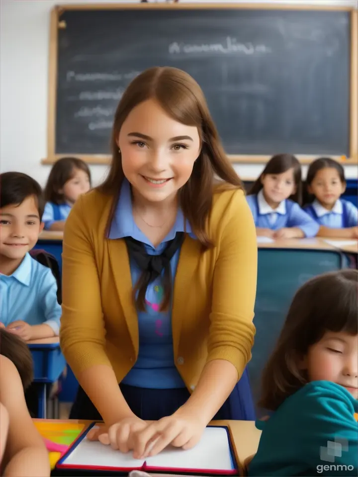 The female teacher is talking to elementary students in the class