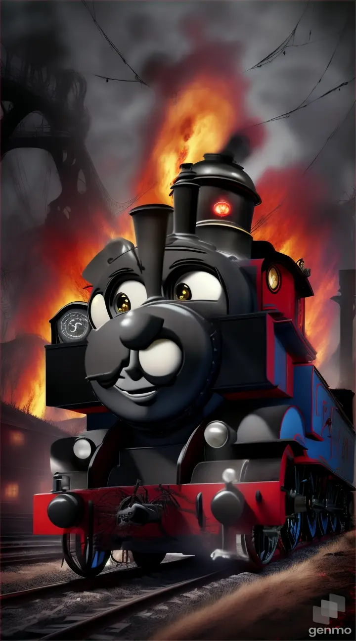 A lot creepy Thomas tank engine exe with spider legs, red liquid on the train face near water body, black flames 