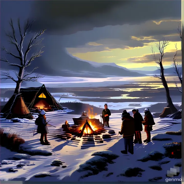 a painting of a group of people standing around a campfire