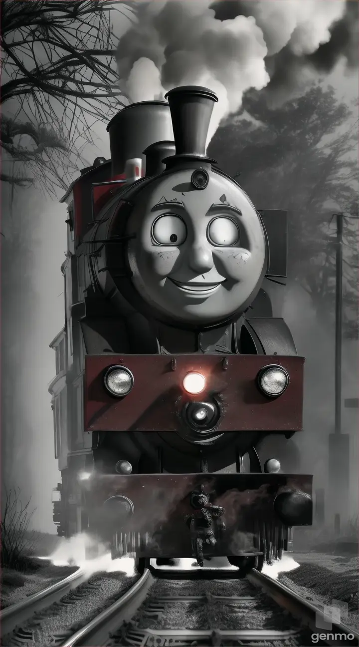 A lot creepy Thomas tank engine exe with spider legs, red liquid on the train face near water body, black flames 