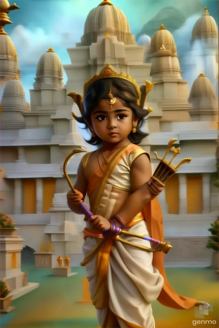 a painting of a little girl dressed as a hindu god, Lord Shri Ram baby boy
