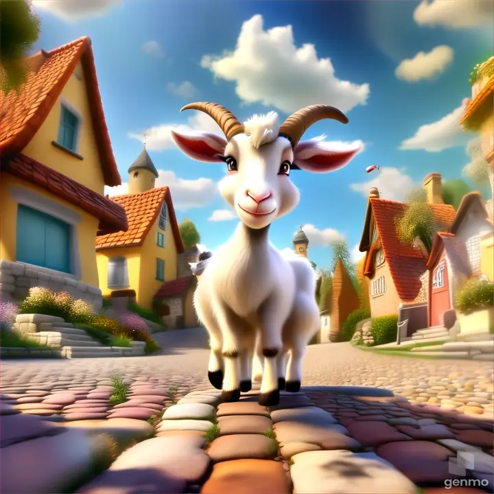 a cartoon goat standing on a cobblestone road