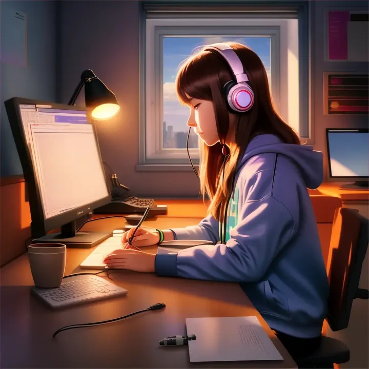 a girl sitting at a desk with headphones on