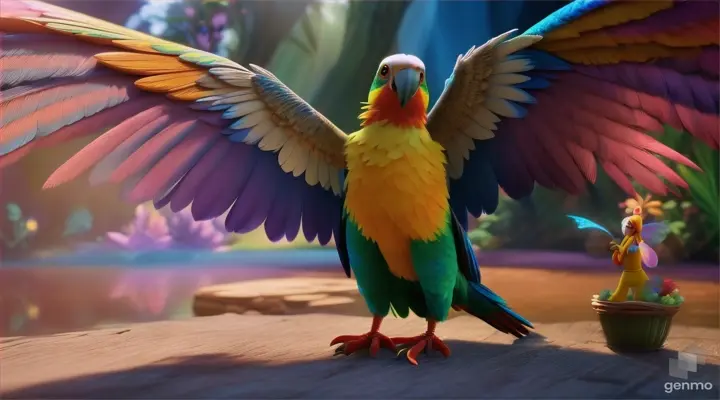 /imagine prompt: 3D animation, personality: [Illustrate Uplifting Cartoon characters engaging in fun activities The parrot transformed into a stunning fairy with radiant wings, thanking the fisherman. It should feel otherworldly and magical.] unreal engine, hyper real --q 2 --v 5.2 --ar 16:9