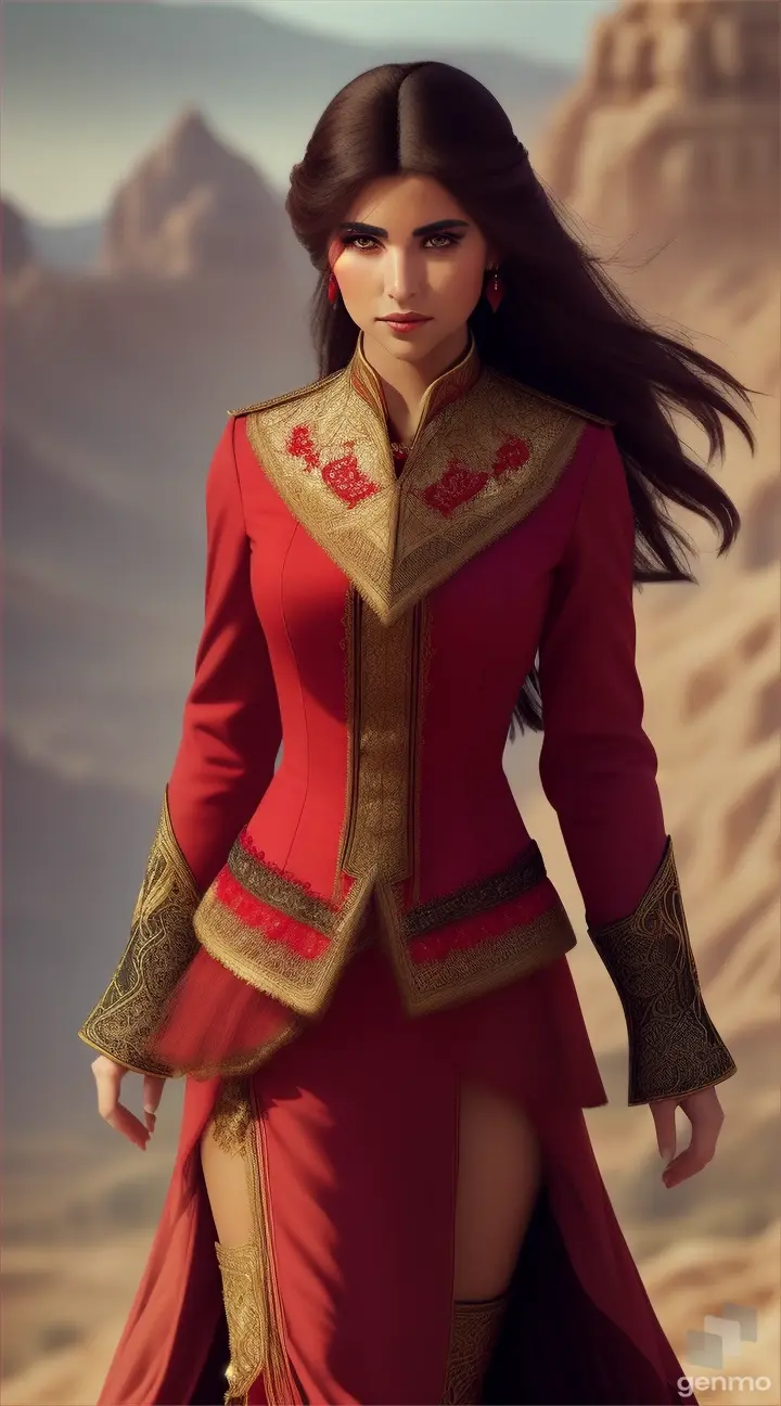 walking female in red habit, lace uniform, looks like warrior nun, Arabic landscape, XVI centaury. Fantasy scene, high details.