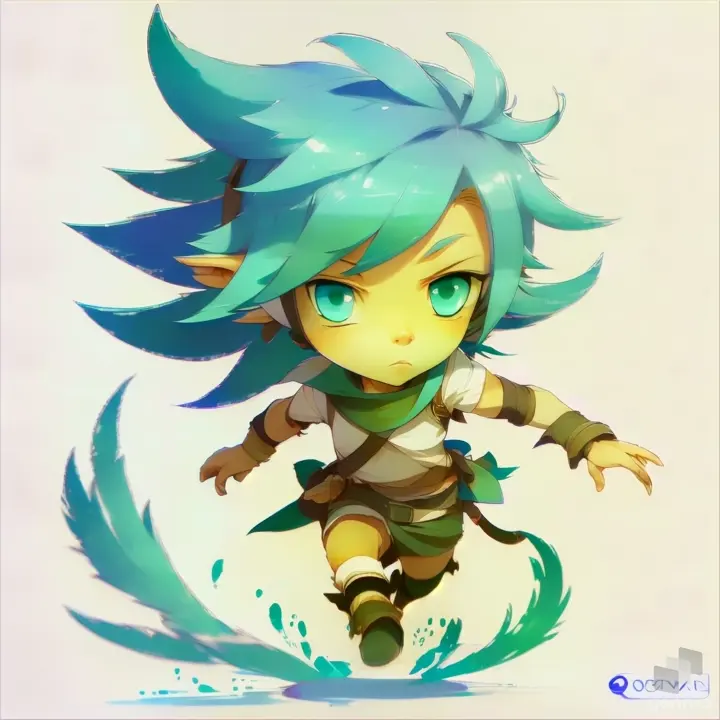 a cartoon character with blue hair and green eyes running towards the camera