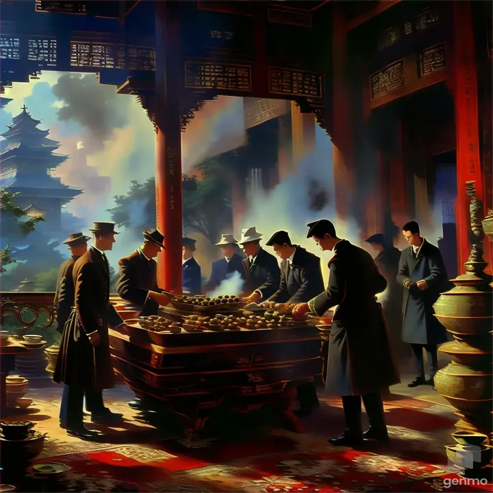 a group of people standing around a table filled with food