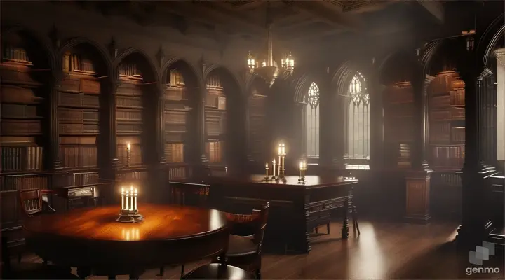 A mysterious underground gothic library, illuminated by a dim, flickering candlelight.