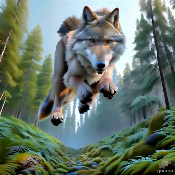 a wolf jumping in the air in a forest