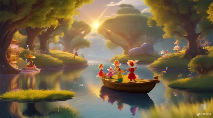 /imagine prompt: 3D animation, personality: [Illustrate Uplifting Cartoon characters engaging in fun activities A flashback scene showing the fisherman's encounter with the golden fairy by the riverbank. It should feel otherworldly and magical.] unreal engine, hyper real --q 2 --v 5.2 --ar 16:9