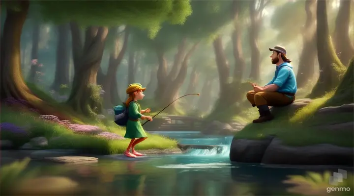 /imagine prompt: 3D animation, personality: [Illustrate Uplifting Cartoon characters engaging in fun activities The fisherman seeking guidance from the kind-hearted beautiful fairy, with a serene forest setting. It should feel otherworldly and magical.] unreal engine, hyper real --q 2 --v 5.2 --ar 16:9