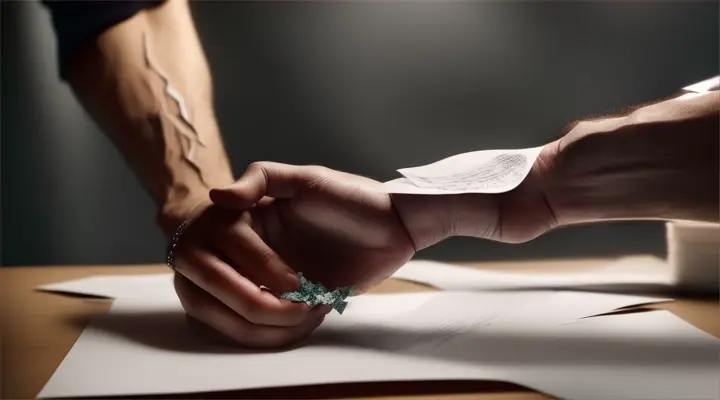 A person tearing up a piece of paper.
