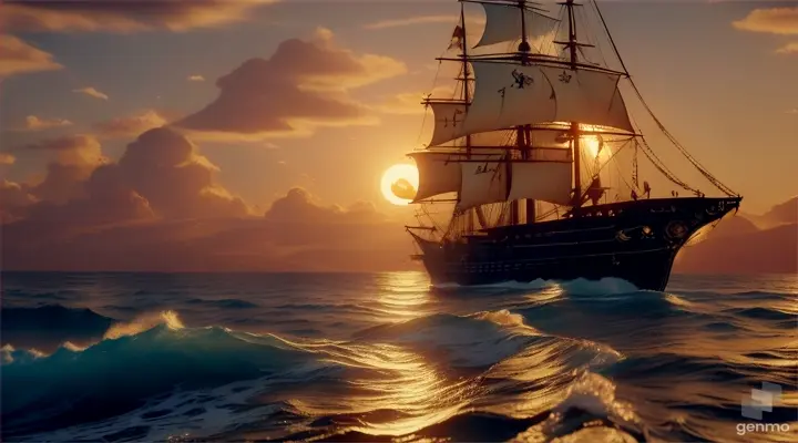 a pirate ship in the ocean at sunset in the waves, cinematic film still