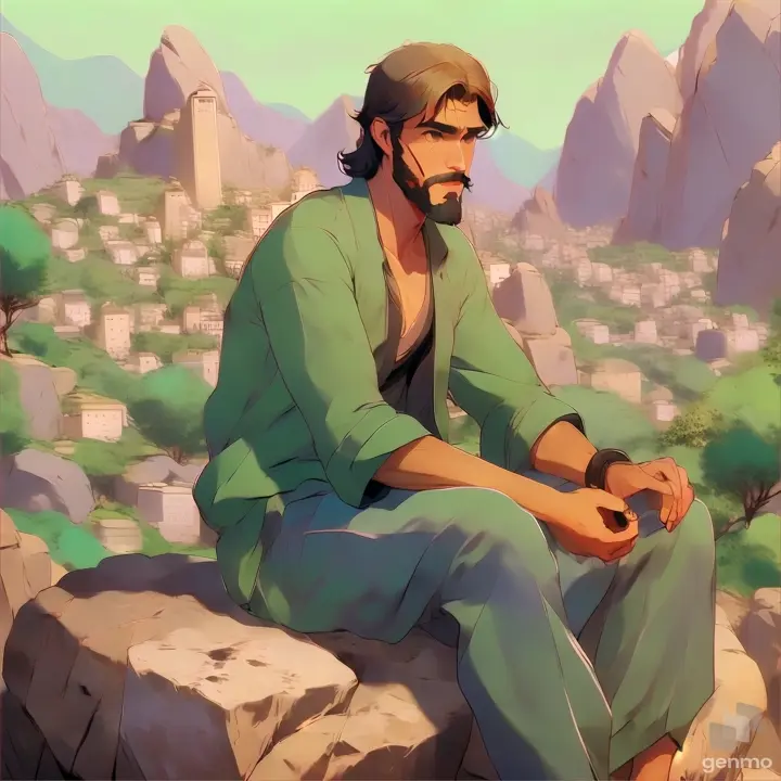 a man sitting on top of a rock next to a mountain