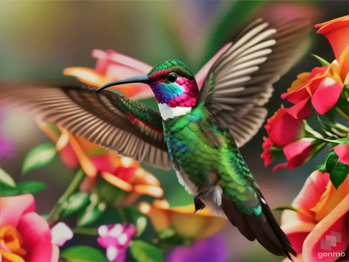 A close-up of a hummingbird hovering in front of a brightly colored tropical rosses