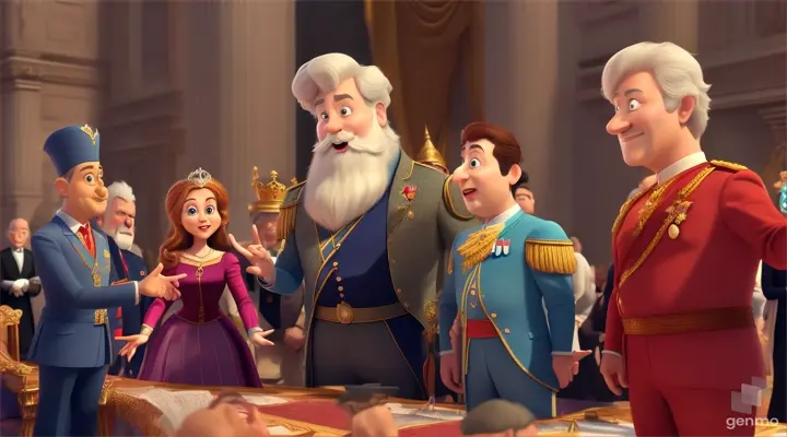 /imagine prompt: 3D animation, personality: [Illustrate Uplifting Cartoon characters engaging in fun activities The king conducting a royal audience, with advisors and ministers gathered around him, discussing matters of state. It should feel otherworldly and magical.] unreal engine, hyper real --q 2 --v 5.2 --ar 16:9