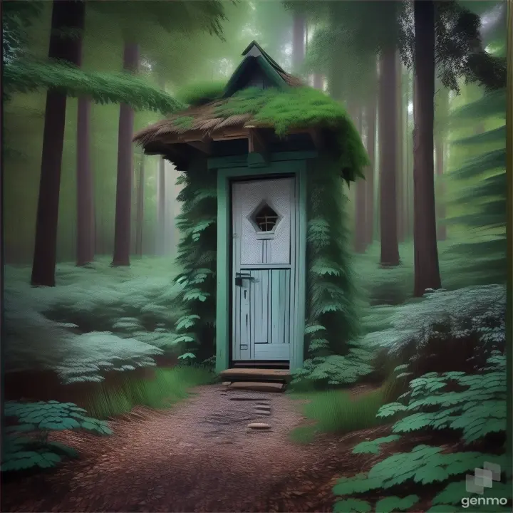 an outhouse in the middle of a forest, wc painted on the door