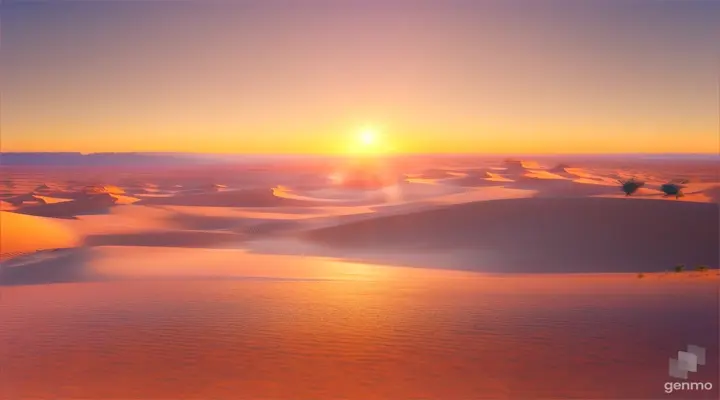 As dunas se estendem infinitamente, douradas pelo sol poente, criando um espetáculo de luz e sombra. O céu é uma tela de azul profundo, salpicada de nuvens cor de rosa que se esticam preguiçosamente pelo horizonte. O calor do dia diminui lentamente, deixando para trás uma sensação de serenidade e calma. As areias ondulantes parecem conter histórias antigas, escondidas sob sua superfície ondulante. Mundo mágico, Ambiente Mágico e encantador, Estilo Cartoon do livro “The Little Prince”. 1280x720 pixels 