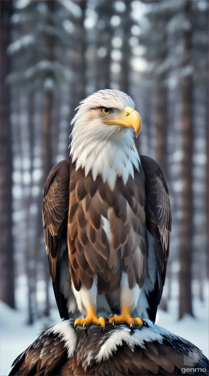 aguila en el bosque con nieve, hermoso realistico ,perfecta 8k , realisitico