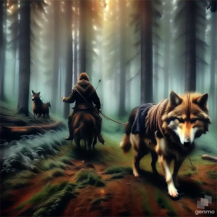 a man riding on the back of a wolf in a forest